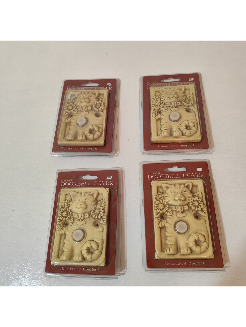 Lot of 4 Figi Cat Ceramic Illuminated Doorbell Cover Cream